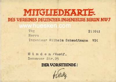 VEREIN DEUTSCHER INGENIEURE (VDI). Mitgliedskarte 1941...