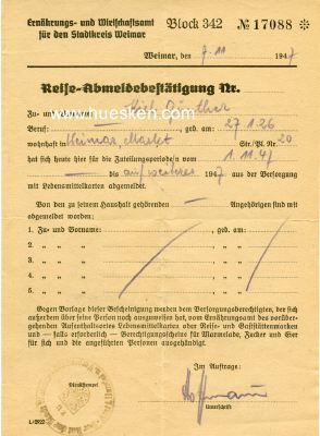 WEIMAR. Reise-Abmeldebestätigung, ausgestellt 1947...